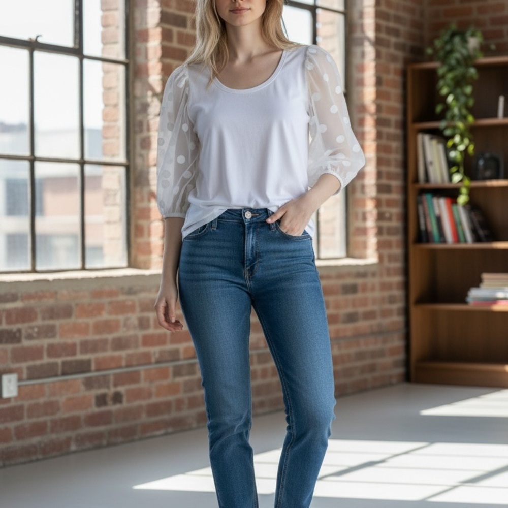 Tahari White Blouse with Sheer Polka Dot Sleeves
